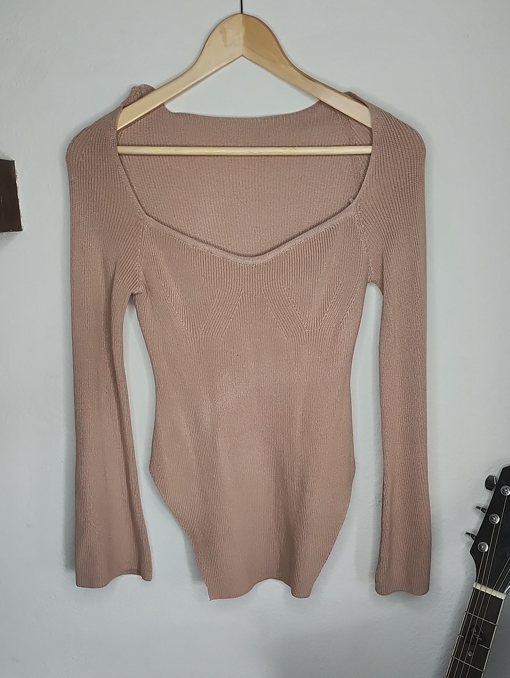 Ribbed Long-Sleeve Scoop Neck Top - Blush